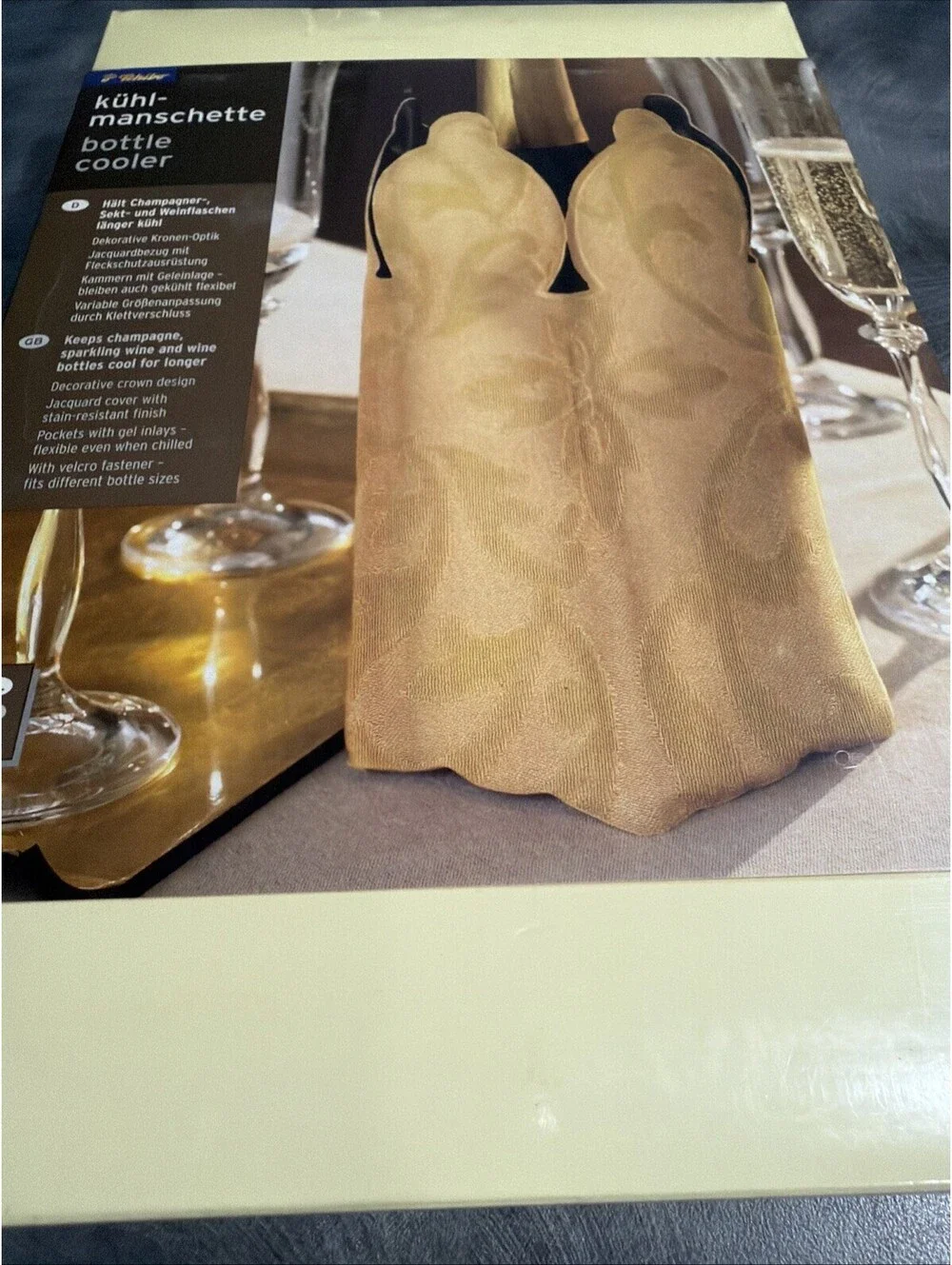 Tchibo Champagne Wine Bottle Cooler Sleeve Gold Crown Design NEW Sealed